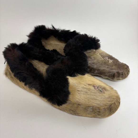 1880s Native American Alaskan Inuit Fur Moccasins with Quill-Work Floral Details
